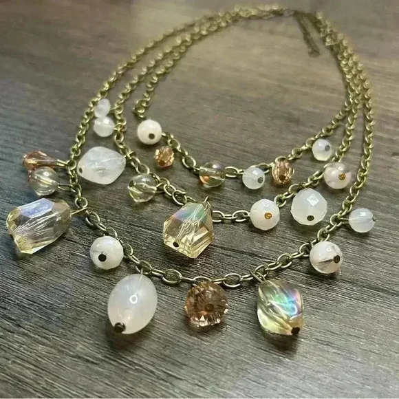 Gold Tone Three Strand Light Pink Beads Necklace - Picture 2 of 3